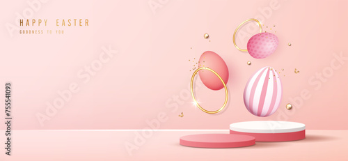 Happy Easter pink background and podium display for product presentation branding and packaging presentation. studio stage with eggs and rabbit background. vector design.