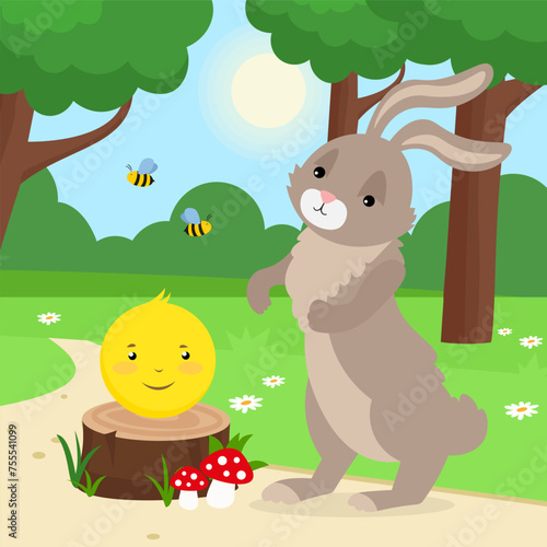 Fototapeta Naklejka Na Ścianę i Meble -  Easter bunny and colobok in the garden. Vector cartoon illustration.