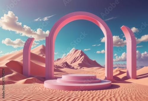 Surreal Landscape Podium Display Abstract Design with Pastel Tones and Colorful Sky Background ai generated