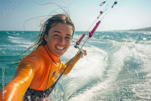 Vibrant image of a joyful woman kite surfing with a clear blue sky and ocean