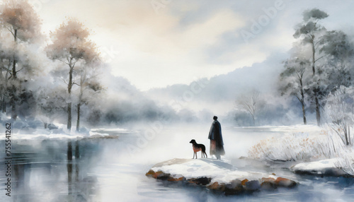 冬の湖畔を眺める女性とペットの犬の水彩画調,Generative AI,AI画像