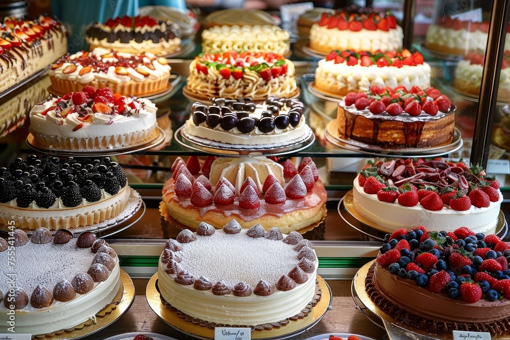 A selection of intricately designed cakes topped with fresh berries and chocolate on display in a bakery A selection of intricately designed cakes topped with fresh berries and chocolate on display in a bakery