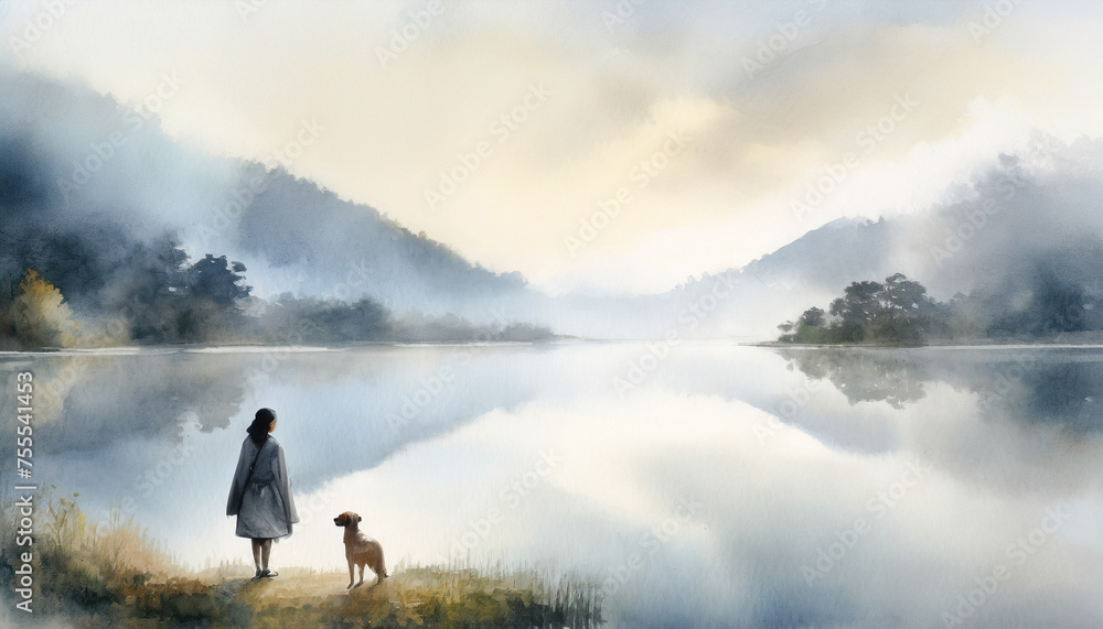 冬の湖畔を眺める女性とペットの犬の水彩画調,Generative AI,AI画像