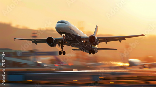 airplane taking off from airport, against blurred sunset background, 