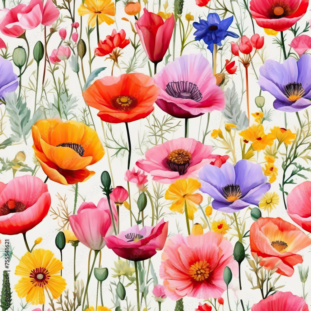 Fototapeta premium Watercolor wild flowers meadow seamless background