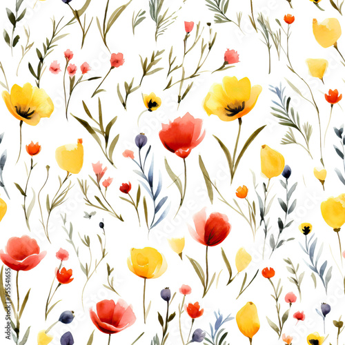 Watercolor wild flowers meadow seamless background