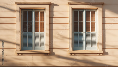 beautiful two windows on the facade of a building with a shadow from the sun. 