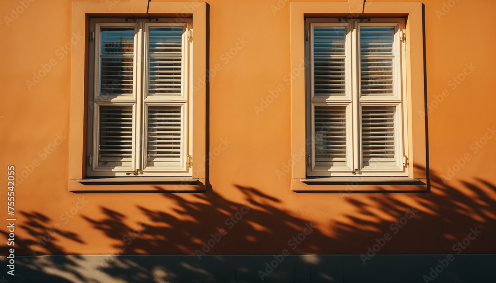 beautiful two windows on the facade of a building with a shadow from the sun. 