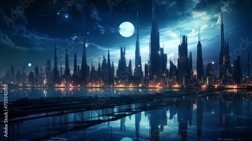 Futuristic city in night lights fantasy realistic background