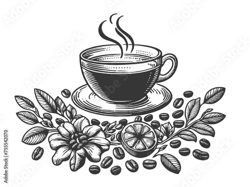 steaming coffee or tea cup surrounded by coffee beans and floral elements sketch engraving generative ai raster illustration. Scratch board imitation. Black and white image.