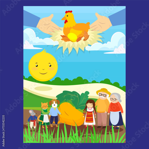 Heroes of the fairy tales about Turnip, Kolobok and Hen Ryaba. Vector illustration in flat style