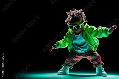 A baby dancing in a futuristic space dressed in bright, colorful clothes