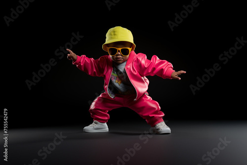 A baby dancing in a futuristic space dressed in bright, colorful clothes
