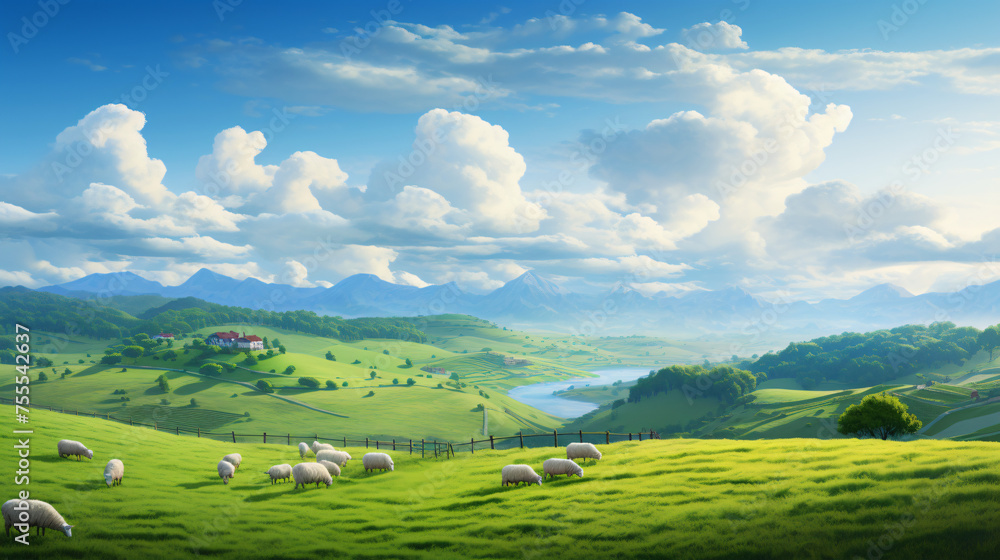A peaceful countryside with rolling hills and grazing