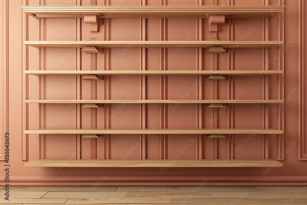 modern coral empty bookshelf on light brown wooden wall with light 