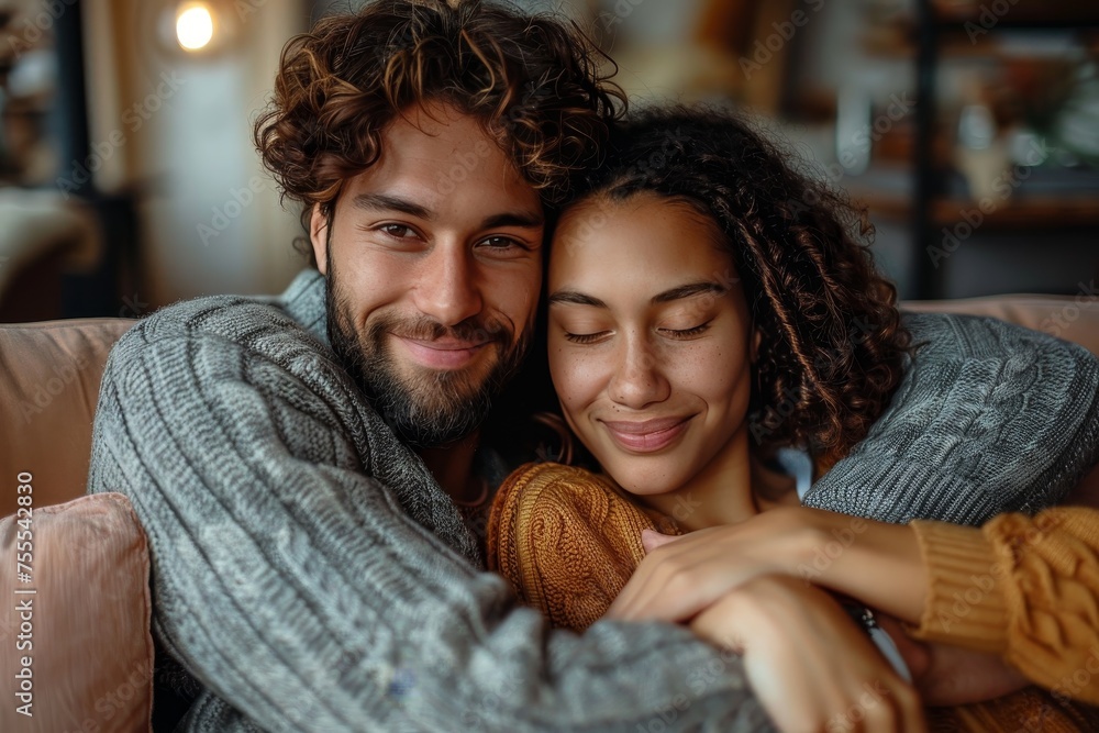 Portrait of a happy couple in a loving embrace in a cozy environment Portrait of a happy couple in a loving embrace in a cozy environment