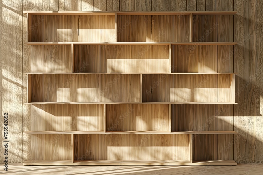 modern coral empty bookshelf on light brown wooden wall with light modern coral empty bookshelf on light brown wooden wall with light
