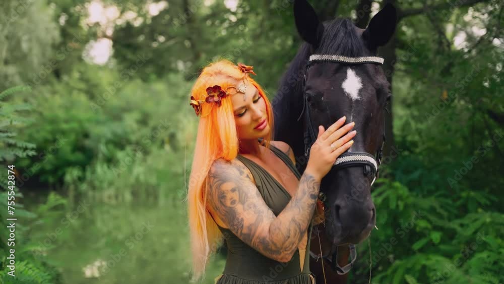 Real people happy fantasy woman with horse in green forest summer nature. Girl sexy fairy tale nymph hand holding reins of mare gently strokes muzzle fur pet animal. orange red long hair wreath. 4k Real people happy fantasy woman with horse in green forest summer nature. Girl sexy fairy tale nymph hand holding reins of mare gently strokes muzzle fur pet animal. orange red long hair wreath. 4k