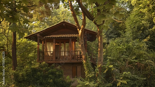 Wooden Cabin Hidden in the Forest:An old wooden cabin nestled amidst lush greenery, set in a tranquil and peaceful environment. This treehouse, shaded by the trees, offers a serene living space surrou © shaiq