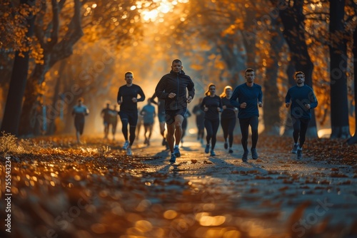 The warm glow of sunset bathes a group of determined joggers on a scenic forest trail, depicting vitality and the joy of exercise