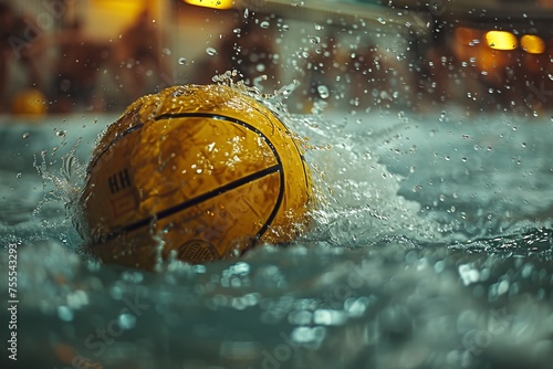 A vibrant basketball caught in a dynamic water splash moment, depicting action and energy in a unique environment
