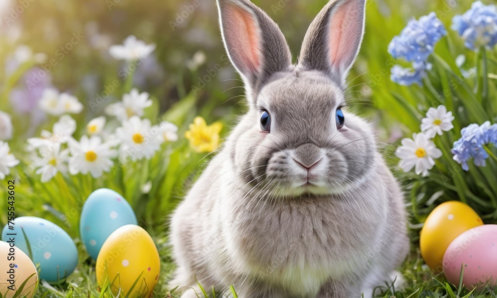 Easter - Cute bunny with colorful painted eggs in spring garden with flowers and sunny strays. Easter background and card concept. Easter - Cute bunny with colorful painted eggs in spring garden with flowers and sunny strays. Easter background and card concept.