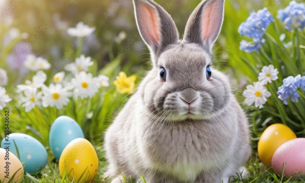 Easter - Cute bunny with colorful painted eggs in spring garden with flowers and sunny strays. Easter background and card concept.