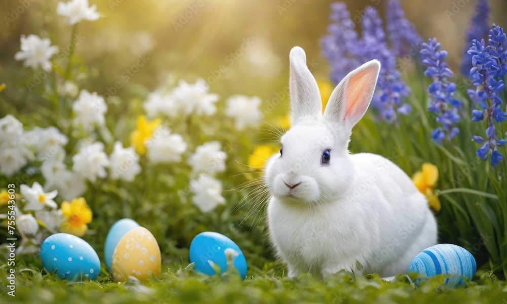 Fototapeta premium Easter - Cute white bunny with colorful painted eggs in spring garden with flowers,space for text. Easter background and card concept.