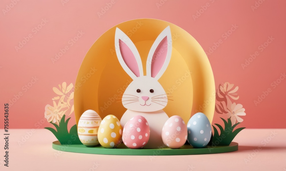 Obraz premium Easter bunny with easter eggs and flowers in papercut style . Easter holiday background and card concept.