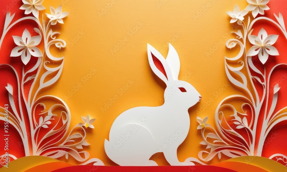 Obraz premium Easter holiday concept : Easter bunny with flowers in papercut style on pastel orange background.