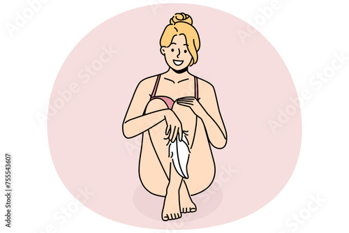 Smiling woman in underwear touching legs with soft feather. Happy girl with feather. Epilation and hair removal. Vector illustration.