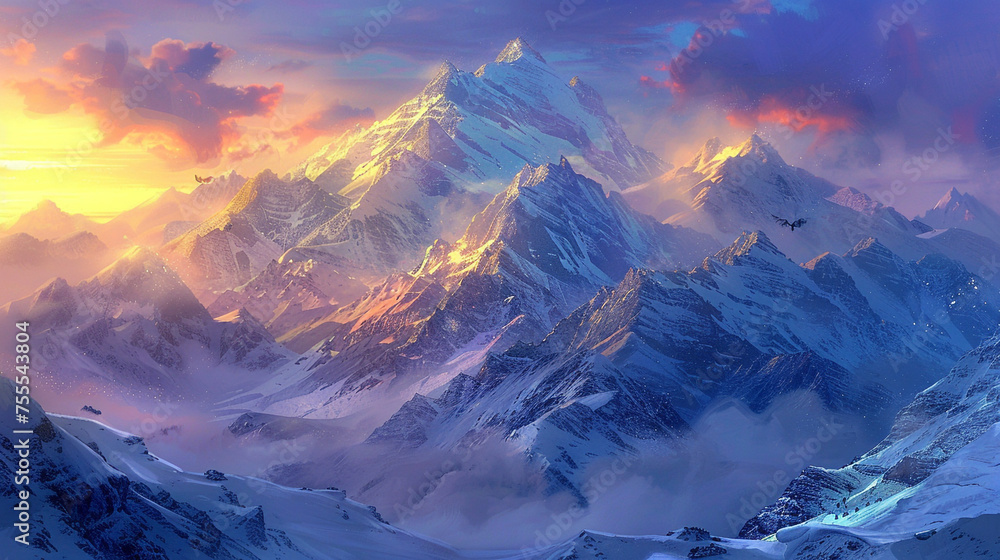 sunrise over a snow-capped mountain range