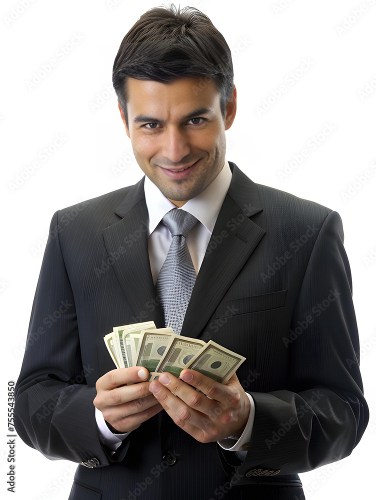 Portrait of a smiling businessman with a stack of banknotes in his hands, close-up on a white background Portrait of a smiling businessman with a stack of banknotes in his hands, close-up on a white background
