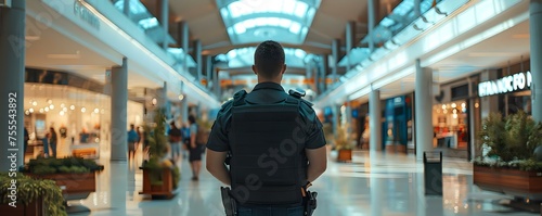 Guardian of a busy mall: a security guard on duty. Concept Security, Guard, Mall, Duties, Safety photo