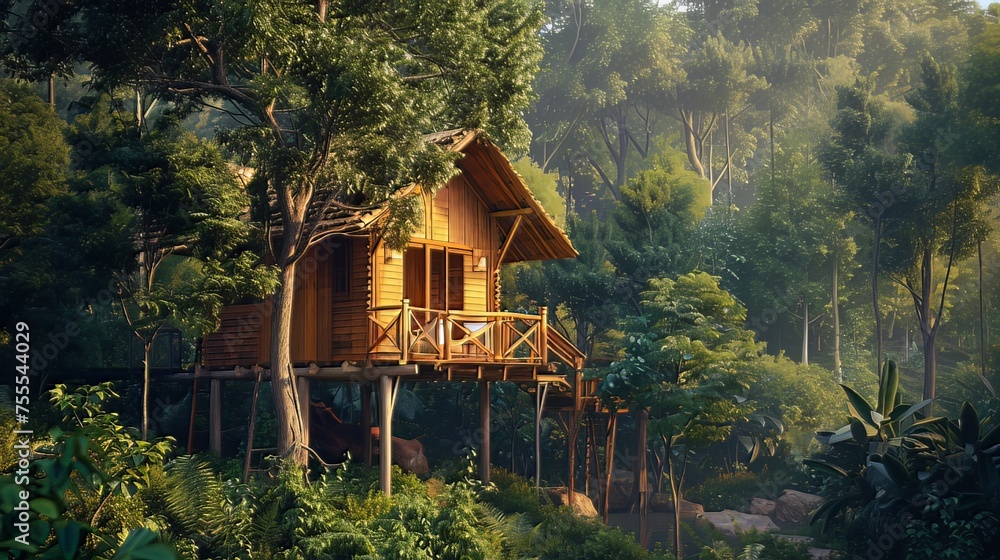 Wooden Cabin Hidden in the Forest:An old wooden cabin nestled amidst lush greenery, set in a tranquil and peaceful environment. This treehouse, shaded by the trees, offers a serene living space surrou