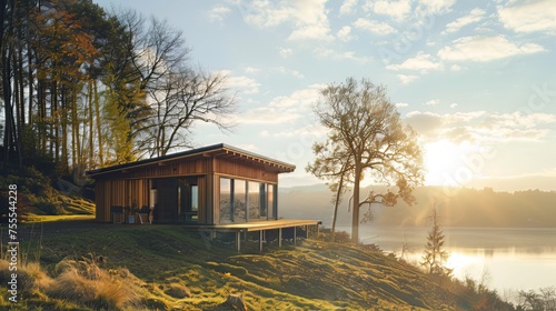 Wooden Cottage by the Lake  A small wooden cabin perched on a hill with a view of the lake. Sunlight streaming through the windows combines with the calm lake view  creating a peaceful living space.