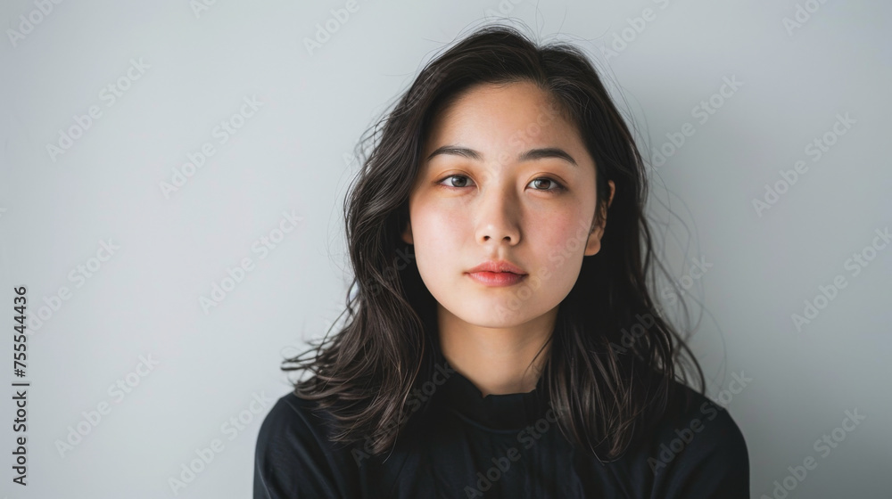 Beautiful studio portrait of young, stylish asian woman, long hair, looking at camera with confidence on white background Beautiful studio portrait of young, stylish asian woman, long hair, looking at camera with confidence on white background