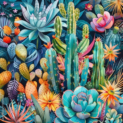 vivid watercolor artwork showcasing the dynamic interaction between cacti succulents