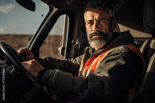 Professional male long-haul truck driver with a focused expression behind the steering wheel, transporting goods across the country on a clear sunny day