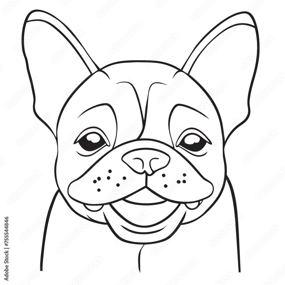 smiling sketching french bulldog front view, black and white, vector illustration line art