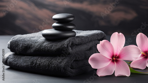Close-up, spa concept, folded gray towels, smooth black stones and pink flowers on blurred background, isolated. The beauty of spa procedures and the concept of relaxation.