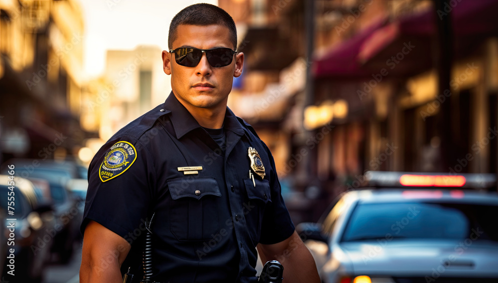 Portrait of a young male police officer standing in the street. Portrait of a young male police officer standing in the street.