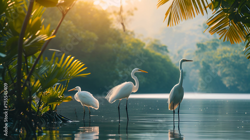 Tropical birds and wildlife near the water's edge background photo