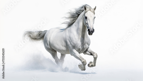 White horse galloping in the snow, isolated on a white background