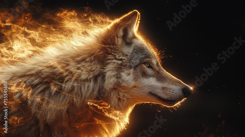 Close-up of a wolf profile on dark background. With light painting effect. Side view.