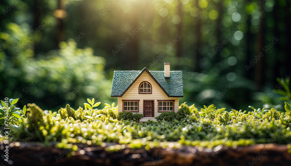 Miniature house on green grass in the forest with sunlight background. Miniature house on green grass in the forest with sunlight background.