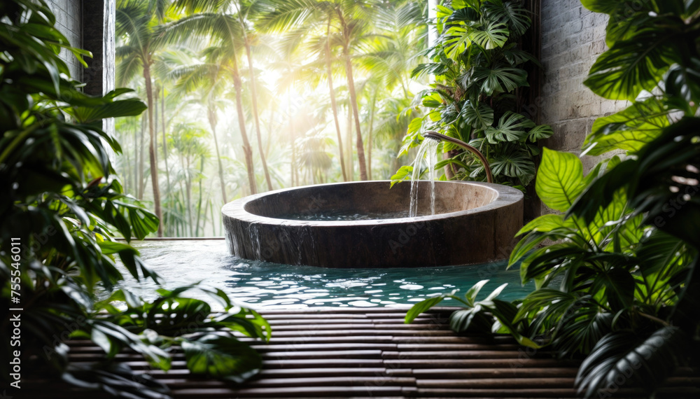 Swimming pool in luxury hotel with palm trees and sun light. Swimming pool in luxury hotel with palm trees and sun light.
