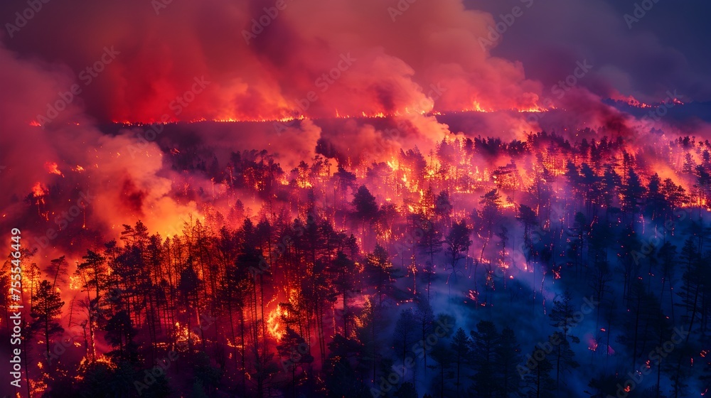 Raging orange flames lick at a dark forest, sending black smoke billowing into a fiery red sky