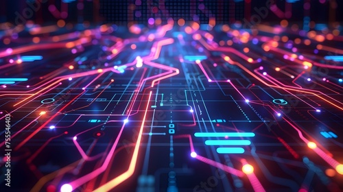 Neon Circuit Board Lines and Data Connections in Digital Background