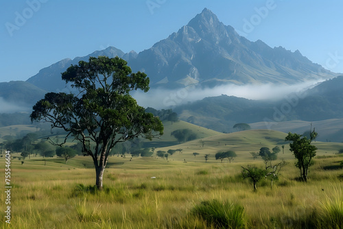 Grassy Field With Trees and Mountains